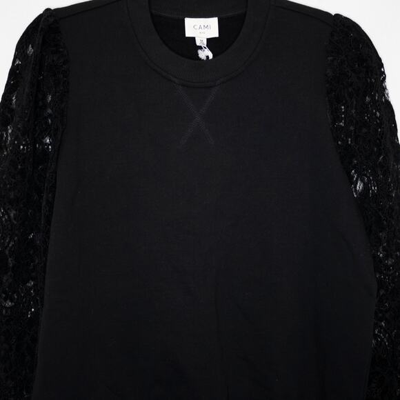 Cami NYC Risa Sweatshirt Black Velvet Lace Sleeves Puff Shoulder SZ M NWT - Picture 7 of 9